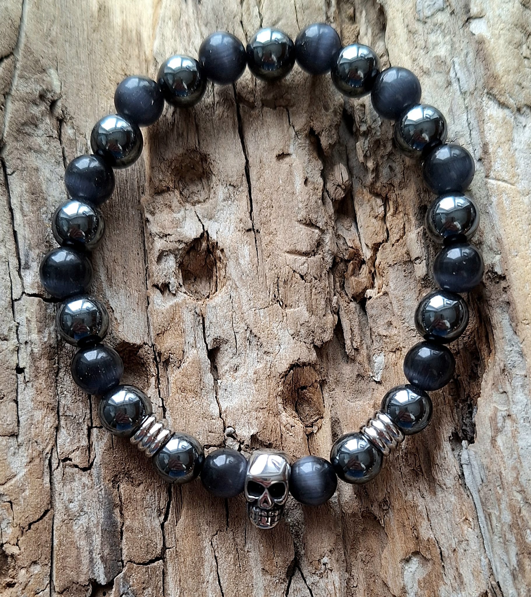 Bracelet homme | Oeil de chat et hématite | Lithothérapie | acier inoxydable | Presqu'îles bijoux | 62800 LIEVIN