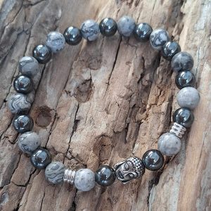 Bracelet Homme | Jaspe picasso gris A et hématite | Lithothérapie | acier inoxydable | Presqu'îles bijoux | 62800 LIEVIN