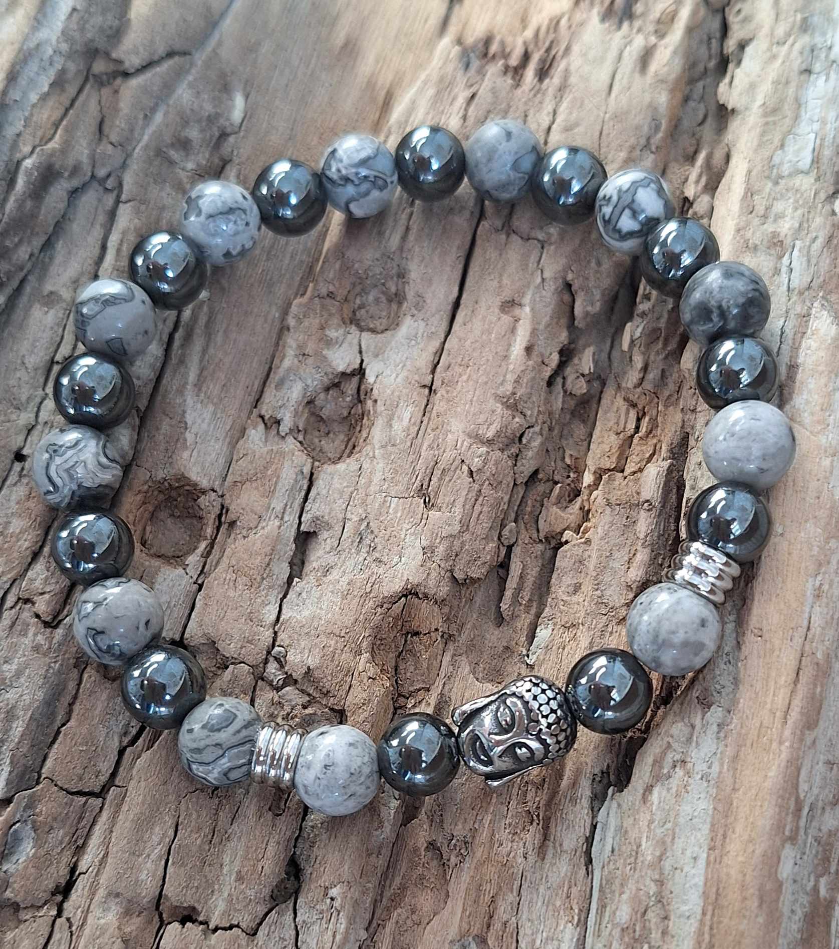 Bracelet Homme | Jaspe picasso gris A et hématite | Lithothérapie | acier inoxydable | Presqu'îles bijoux | 62800 LIEVIN