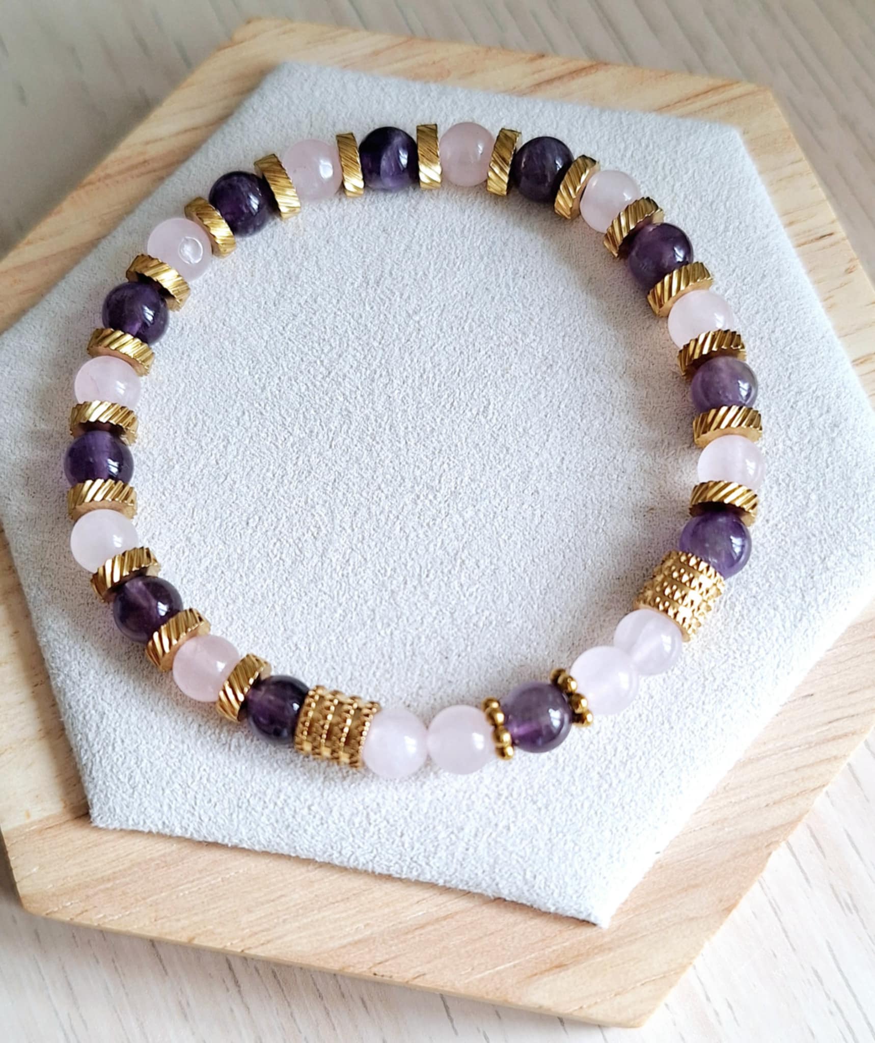 Bracelet femme | Quartz rose et améthyste | Lithothérapie | acier inoxydable | Presqu'îles bijoux | 62800 LIEVIN