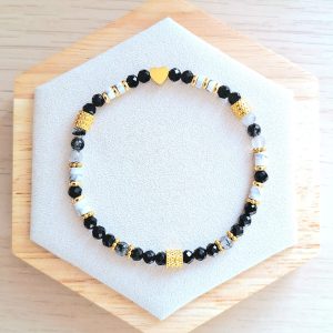 Bracelet femme | Onyx noir facetté howlite et quartz tourmaline| Lithothérapie | acier inoxydable | Presqu'îles bijoux | 62800 LIEVIN