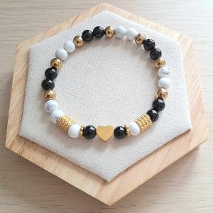 Bracelet femme | Onyx noir hématite doré et howlite | Lithothérapie | acier inoxydable | Presqu'îles bijoux | 62800 LIEVIN
