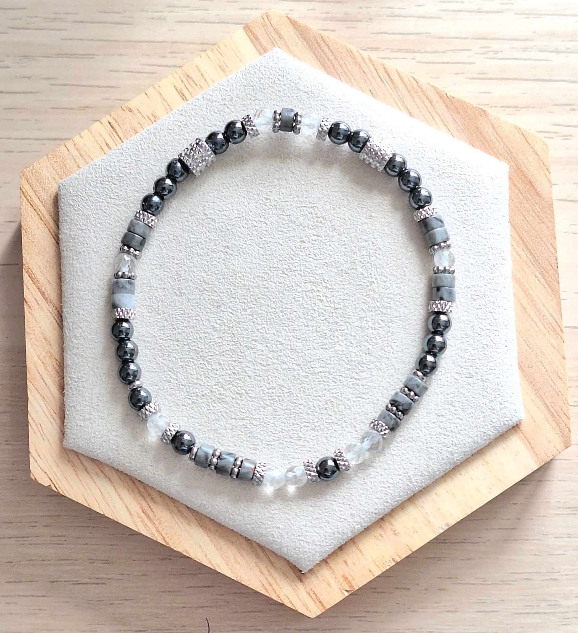 Bracelet femme | Jaspe picasso hématite et cristal de roche facetté | Lithothérapie | acier inoxydable | Presqu'îles bijoux | 62800 LIEVIN