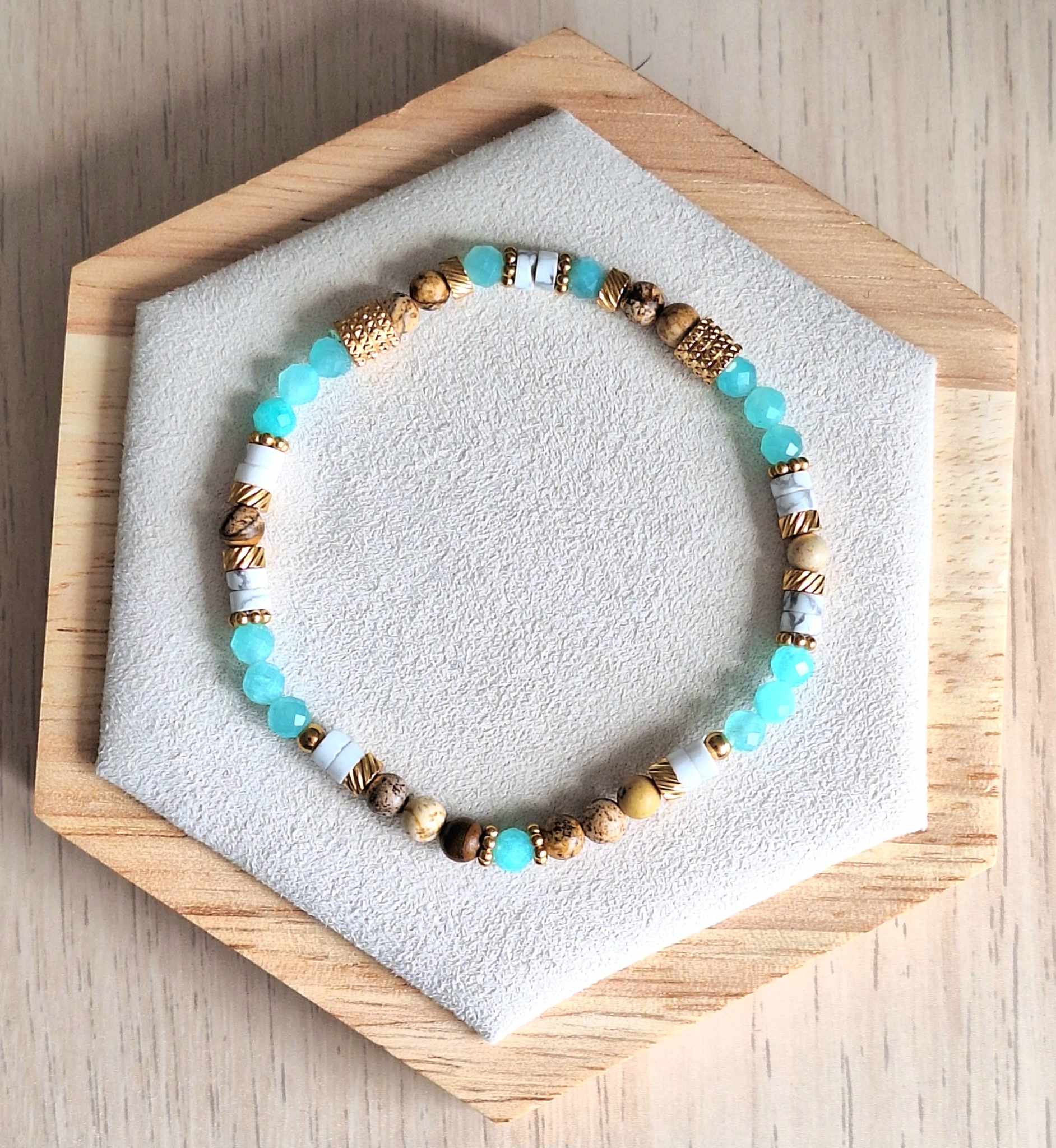 Bracelet femme | Amazonite facetté jaspe paysage et howlite | Lithothérapie | acier inoxydable | Presqu'îles bijoux | 62800 LIEVIN