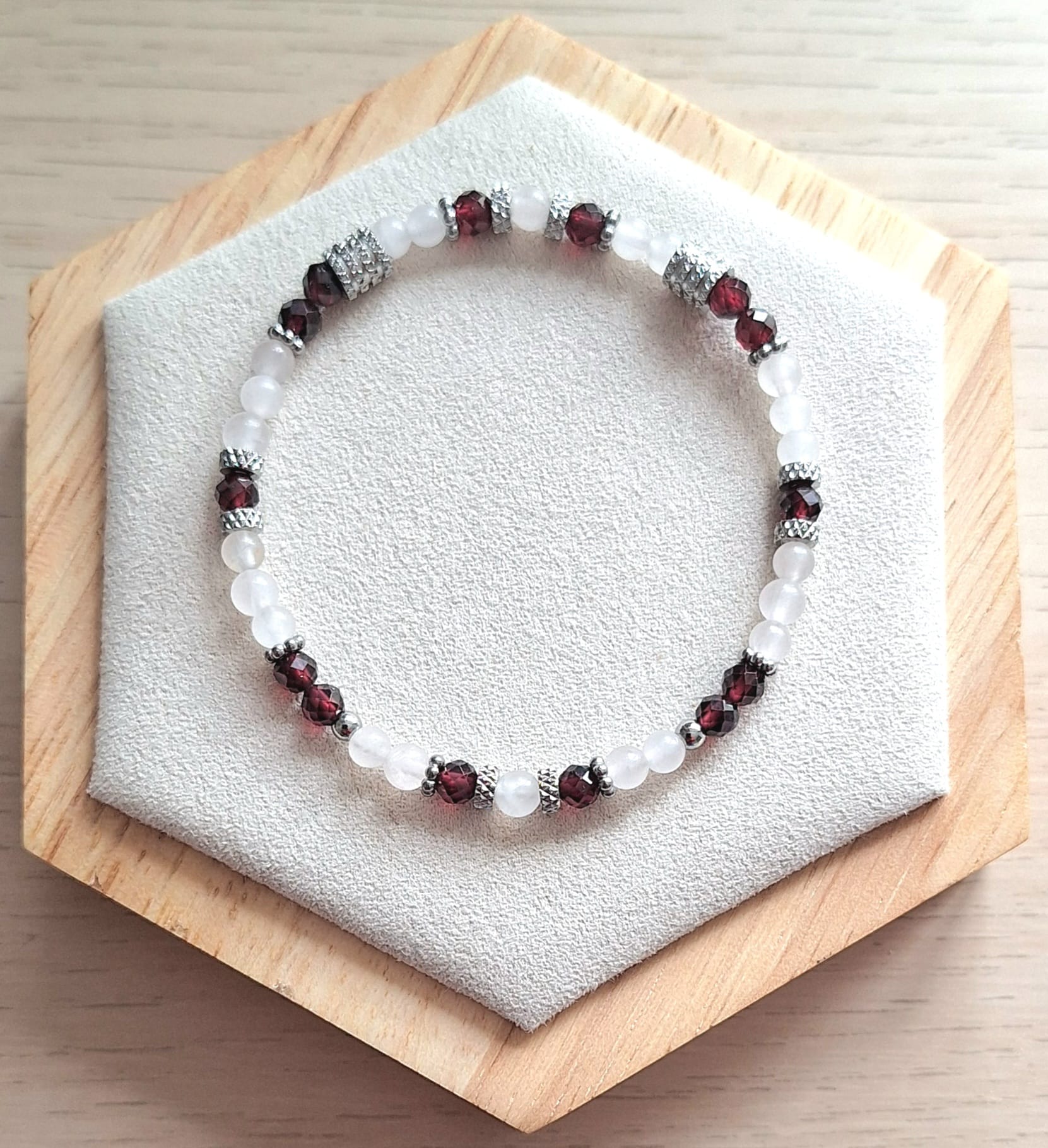 Bracelet femme | Grenat facetté et quartz rose | Lithothérapie | acier inoxydable | Presqu'îles bijoux | 62800 LIEVIN