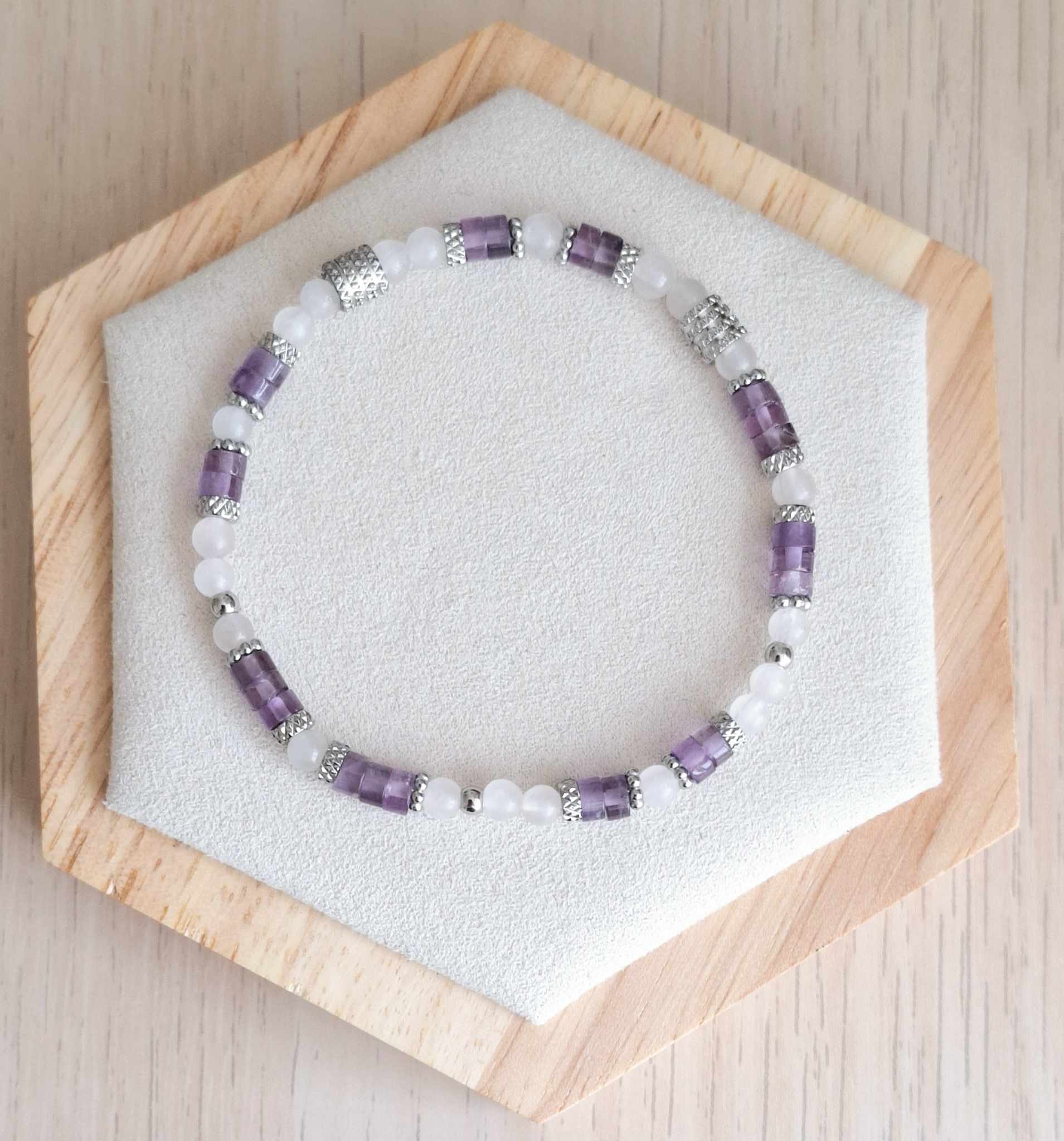 Bracelet femme | Quartz rose et améthyste | Lithothérapie | acier inoxydable | Presqu'îles bijoux | 62800 LIEVIN