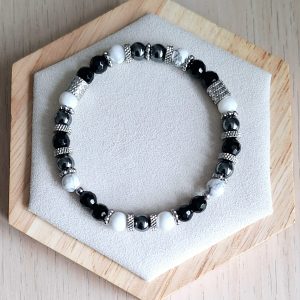 Bracelet femme | Onyx noir facetté howlite et hématite | Lithothérapie | acier inoxydable | Presqu'îles bijoux | 62800 LIEVIN