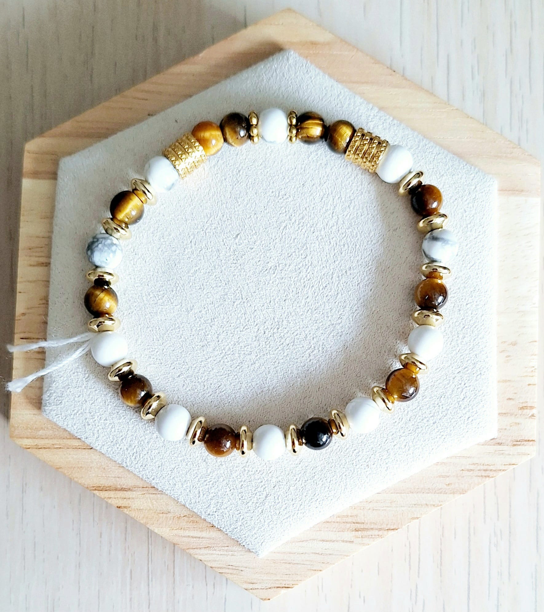 Bracelet femme | œil de tigre et howlite | Lithothérapie | acier inoxydable | Presqu'îles bijoux | 62800 LIEVIN