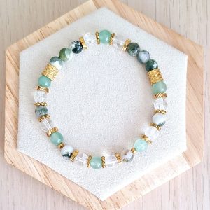 Bracelet femme | Agate arbre A, aventurine et cristal de roche craqué A | Lithothérapie | acier inoxydable | Presqu'îles bijoux | 62800 LIEVIN