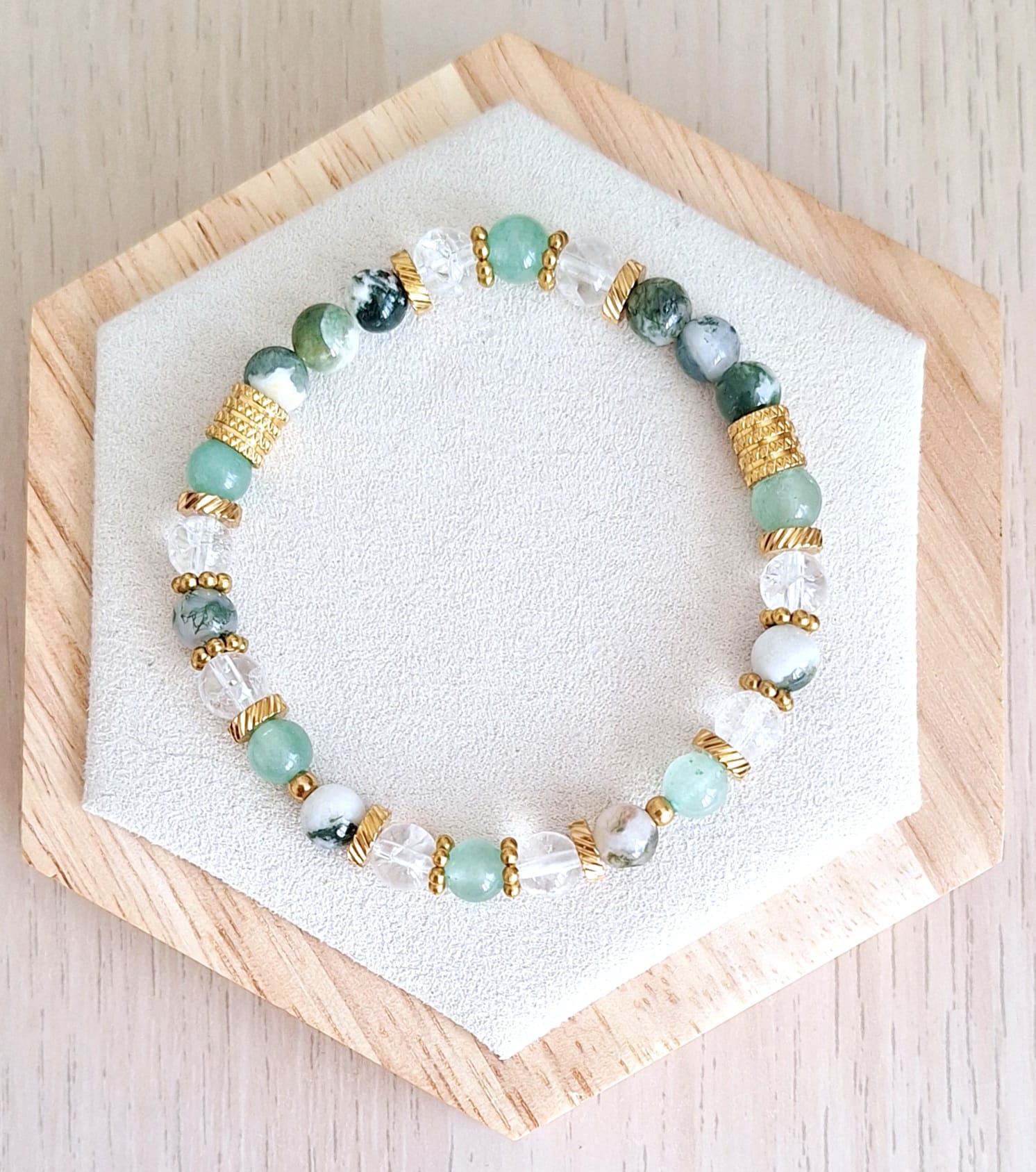 Bracelet femme | Agate arbre A, aventurine et cristal de roche craqué A | Lithothérapie | acier inoxydable | Presqu'îles bijoux | 62800 LIEVIN