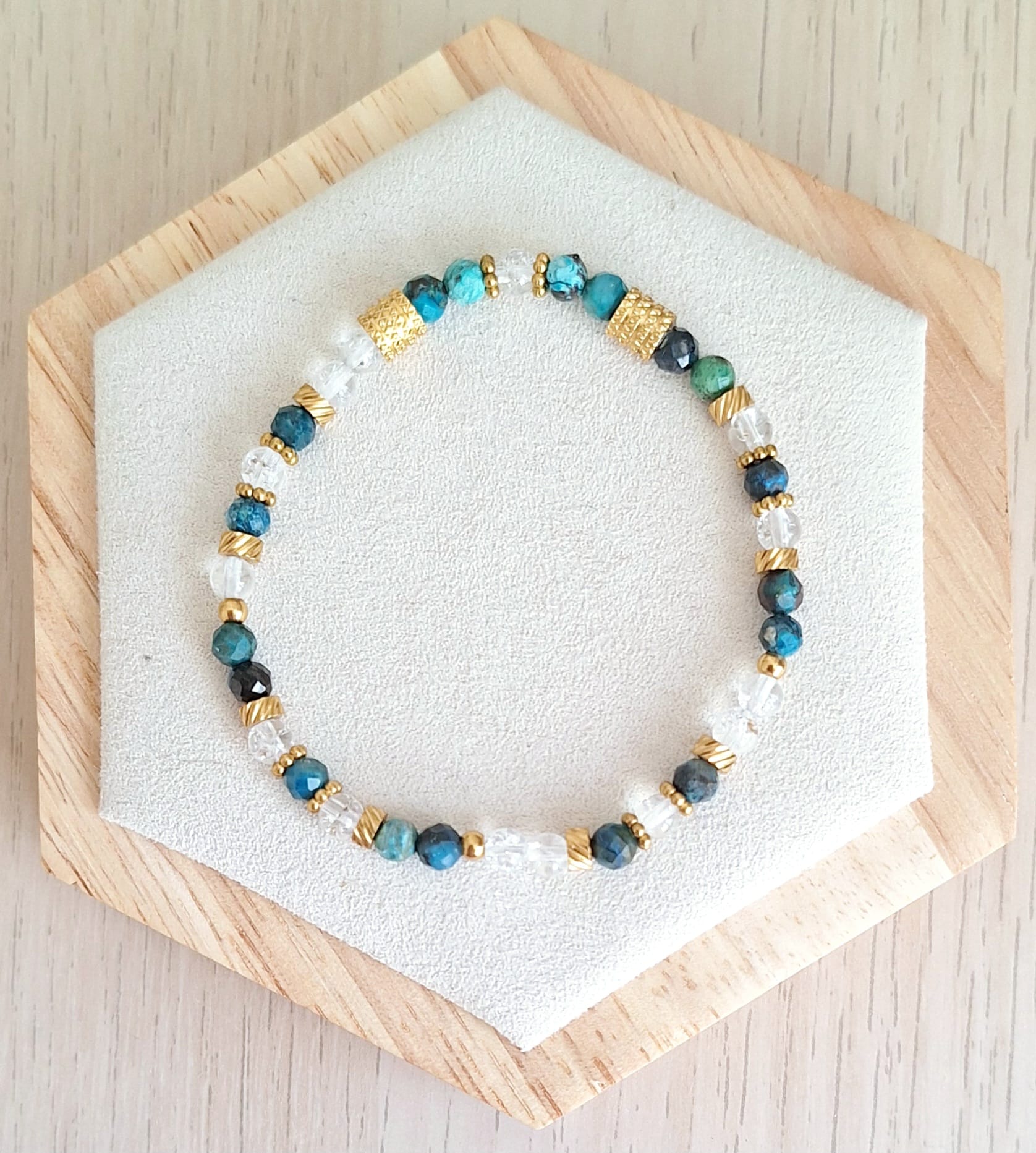 Bracelet femme | chrysocolle facetté et cristal de roche craqué A | Lithothérapie | acier inoxydable | Presqu'îles bijoux | 62800 LIEVIN