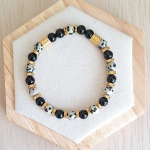 Bracelet femme | Jaspe dalmatien A et onyx noir | Lithothérapie | acier inoxydable | Presqu'îles bijoux | 62800 LIEVIN