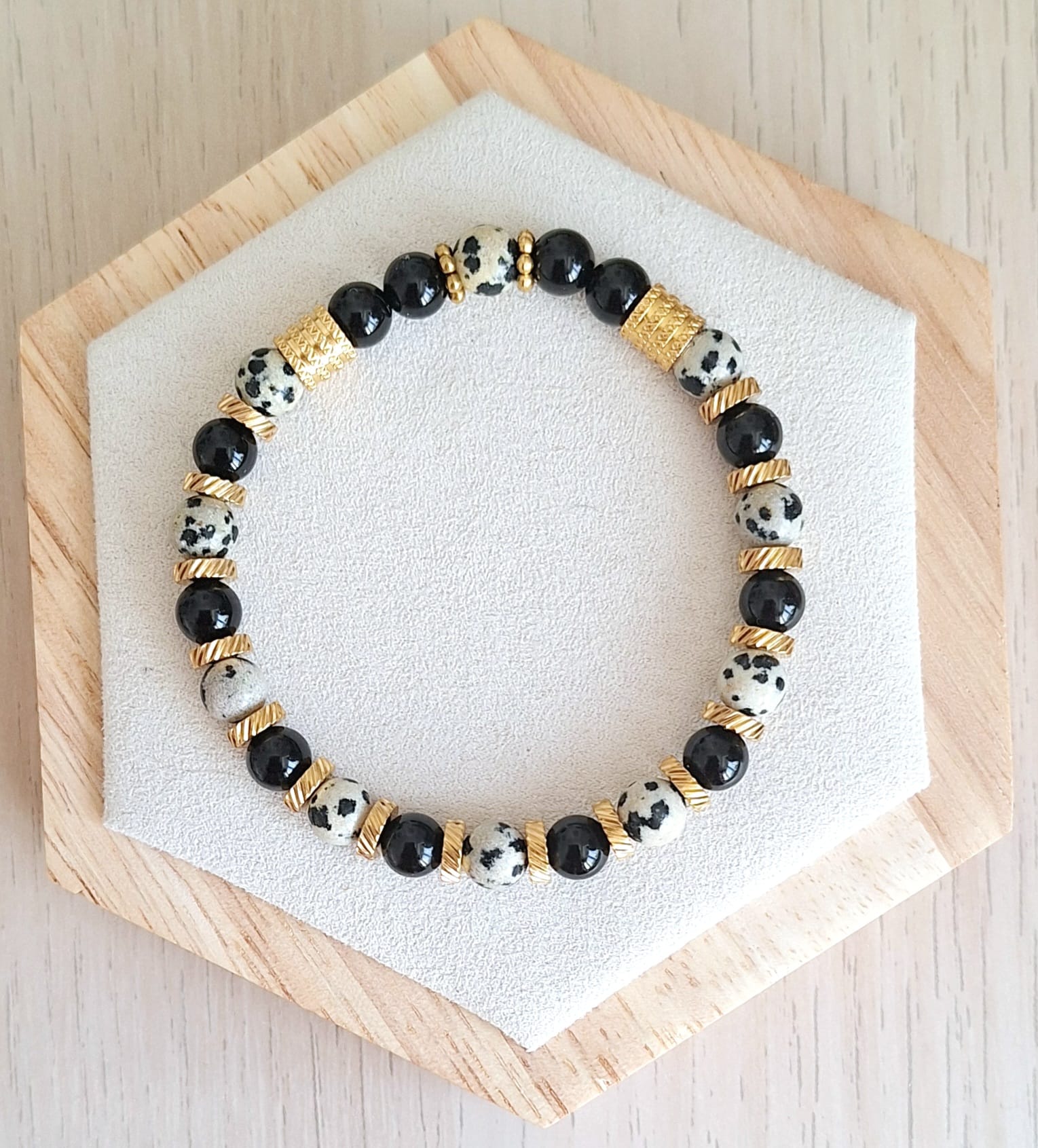 Bracelet femme | Jaspe dalmatien A et onyx noir | Lithothérapie | acier inoxydable | Presqu'îles bijoux | 62800 LIEVIN