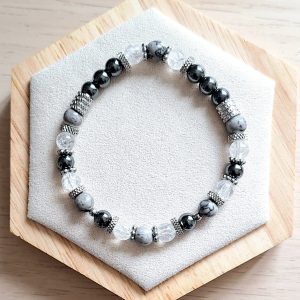 Bracelet femme | Jaspe picasso gris A hématite et cristal de roche craqué A | Lithothérapie | acier inoxydable | Presqu'îles bijoux | 62800 LIEVIN