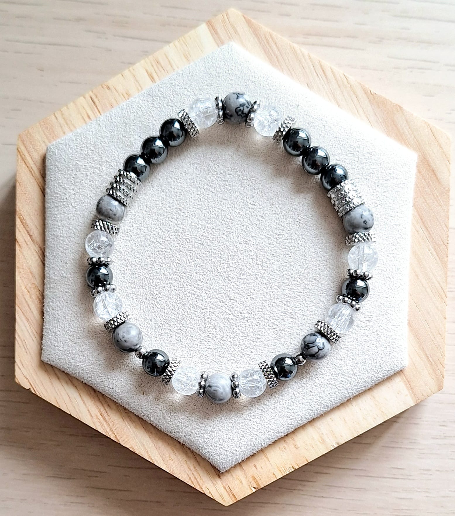 Bracelet femme | Jaspe picasso gris A hématite et cristal de roche craqué A | Lithothérapie | acier inoxydable | Presqu'îles bijoux | 62800 LIEVIN