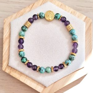 Bracelet femme | Améthyste et turquoise africaine | Lithothérapie | acier inoxydable | Presqu'îles bijoux | 62800 LIEVIN