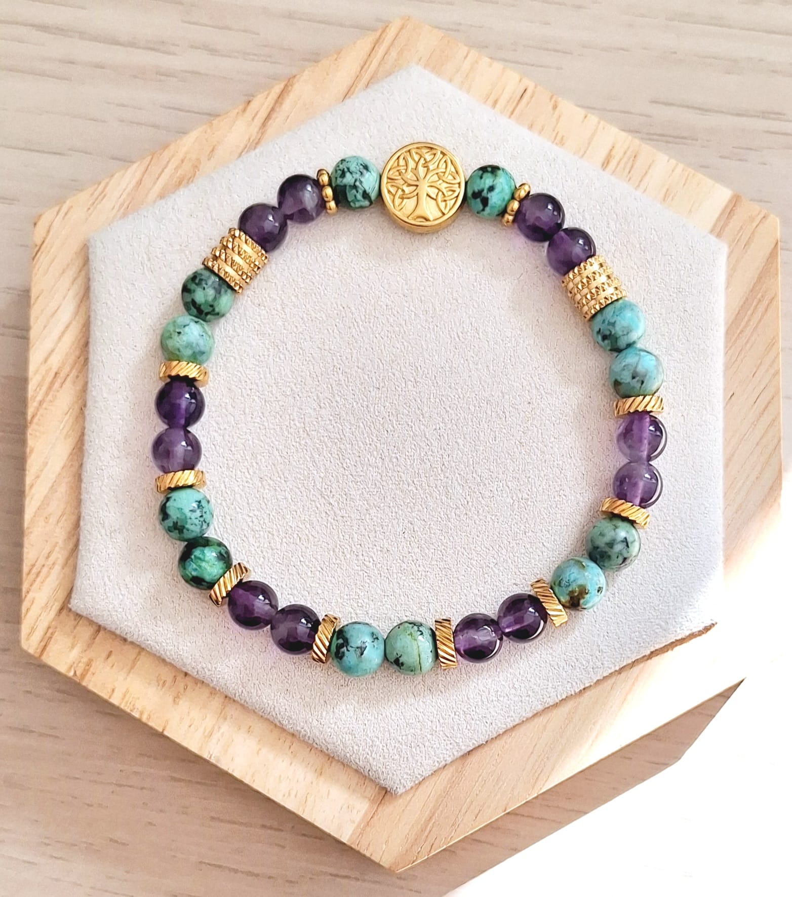 Bracelet femme | Améthyste et turquoise africaine | Lithothérapie | acier inoxydable | Presqu'îles bijoux | 62800 LIEVIN