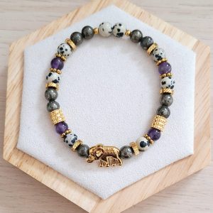 Bracelet femme | Pyrite, améthyste et jaspe dalmatien A | Lithothérapie | acier inoxydable | Presqu'îles bijoux | 62800 LIEVIN