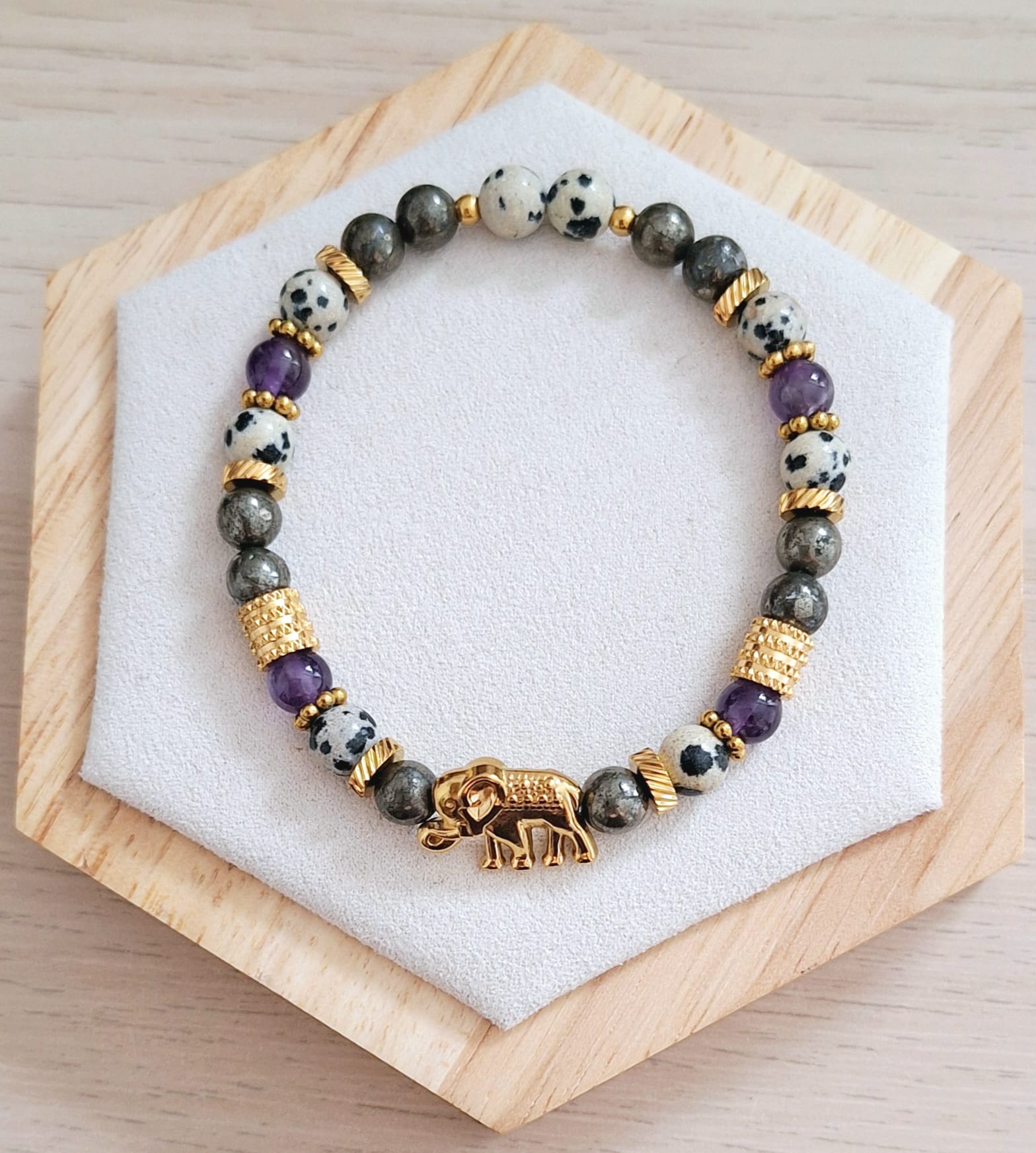 Bracelet femme | Pyrite, améthyste et jaspe dalmatien A | Lithothérapie | acier inoxydable | Presqu'îles bijoux | 62800 LIEVIN