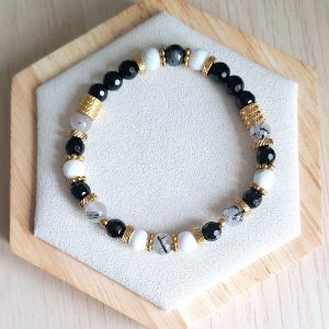 Bracelet femme | Onyx noir facetté howlite et quartz tourmaline A+ | Lithothérapie | acier inoxydable | Presqu'îles bijoux | 62800 LIEVIN