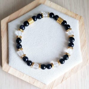 Bracelet femme | Pierre de sable bleu et cristal de roche craqué A | Lithothérapie | acier inoxydable | Presqu'îles bijoux | 62800 LIEVIN
