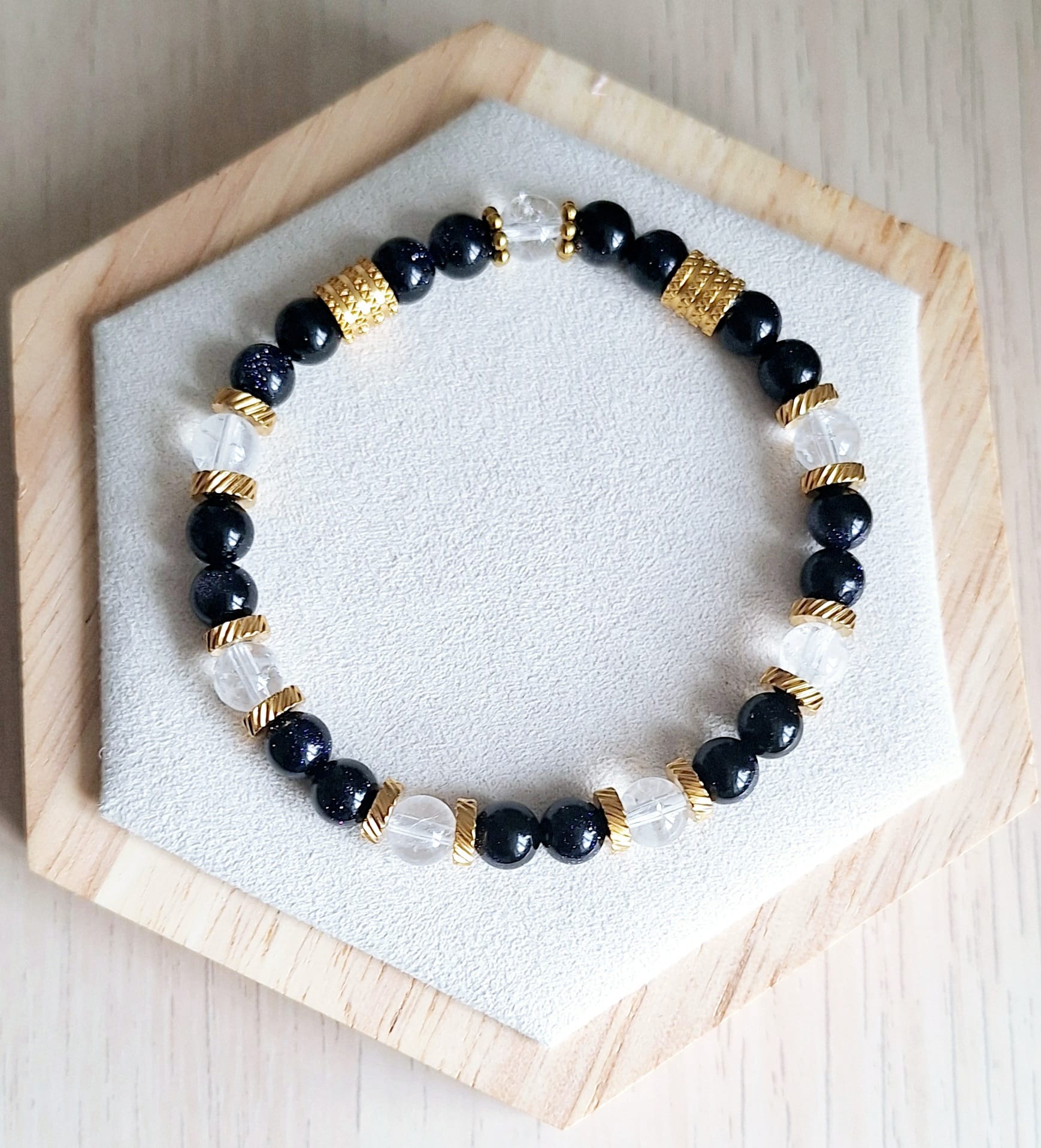 Bracelet femme | Pierre de sable bleu et cristal de roche craqué A | Lithothérapie | acier inoxydable | Presqu'îles bijoux | 62800 LIEVIN