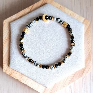 Bracelet femme | Jaspe dalmatien A et onyx noir facetté | Lithothérapie | acier inoxydable | Presqu'îles bijoux | 62800 LIEVIN