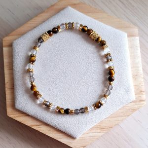 Bracelet femme | quartz fumé, œil de tigre et cristal de roche craqué A | Lithothérapie | acier inoxydable | Presqu'îles bijoux | 62800 LIEVIN