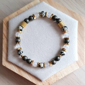 Bracelet femme | Pyrite, jaspe dalmatien et cristal de roche craqué A | Lithothérapie | acier inoxydable | Presqu'îles bijoux | 62800 LIEVIN