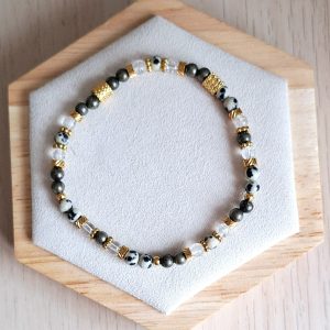 Bracelet femme | Pyrite, jaspe dalmatien et cristal de roche craqué A | Lithothérapie | acier inoxydable | Presqu'îles bijoux | 62800 LIEVIN