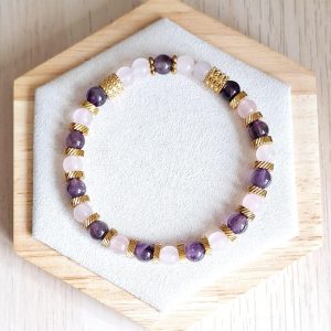 Bracelet femme | Quartz rose et améthyste | Lithothérapie | acier inoxydable | Presqu'îles bijoux | 62800 LIEVIN