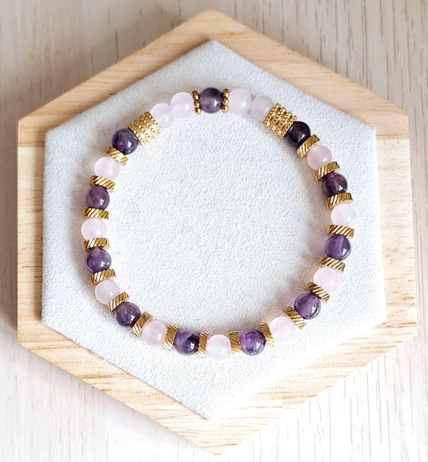 Bracelet femme | Quartz rose et améthyste | Lithothérapie | acier inoxydable | Presqu'îles bijoux | 62800 LIEVIN