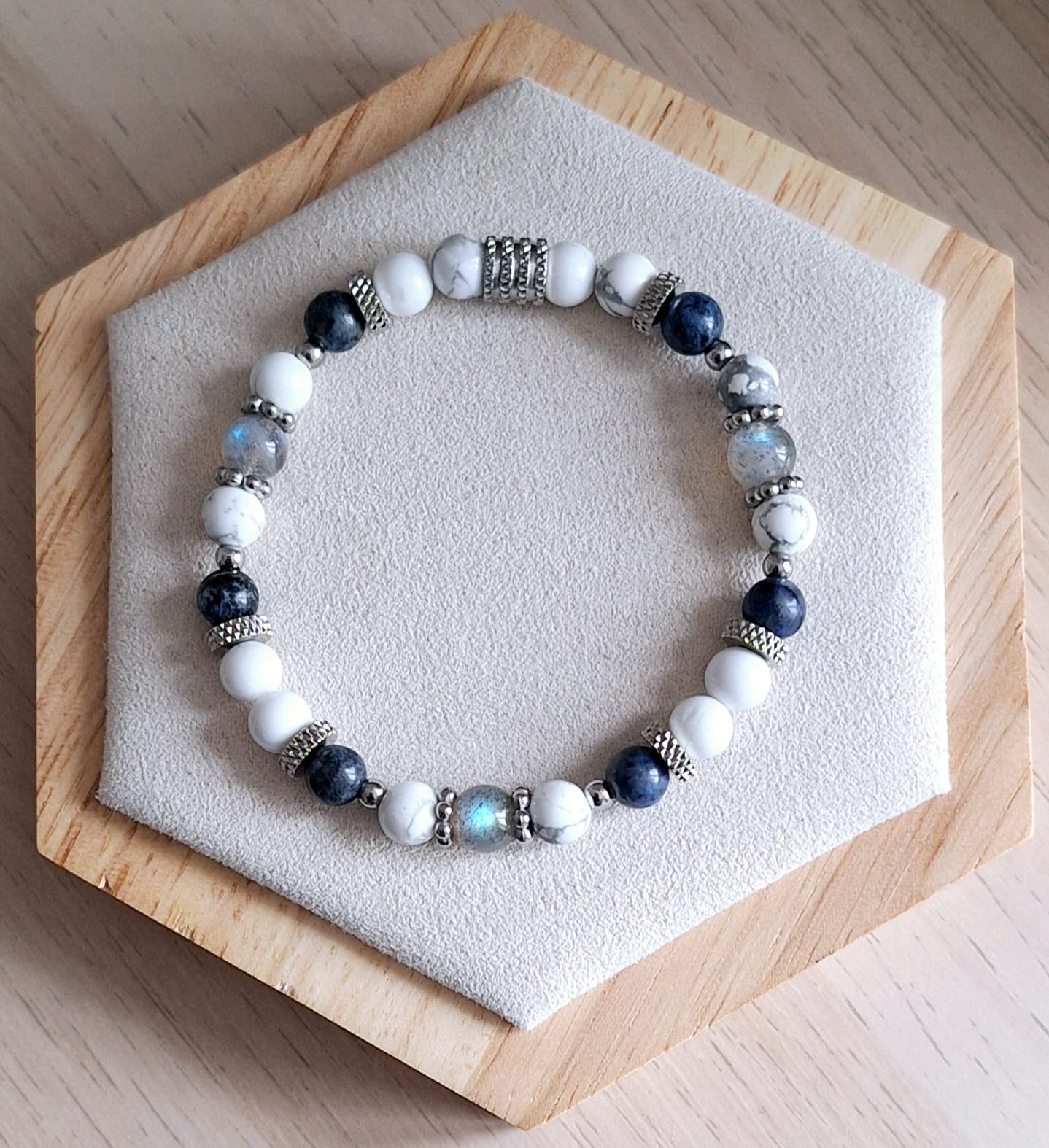 Bracelet femme | Dumortiérite, howlite et labradorite | Lithothérapie | acier inoxydable | Presqu'îles bijoux | 62800 LIEVIN