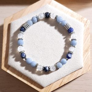 Bracelet femme | Angelite, cristal de roche craqué A et sodalite facetté | Lithothérapie | acier inoxydable | Presqu'îles bijoux | 62800 LIEVIN