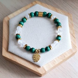 Bracelet femme | malachite AA+* et cristal de roche craqué A* | Lithothérapie | acier inoxydable | Presqu'îles bijoux | 62800 LIEVIN