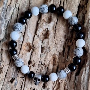 Bracelet homme | jaspe picasso A, onyx et howlite | tête de mort | Lithothérapie | acier inoxydable | Presqu'îles bijoux | 62800 LIEVIN