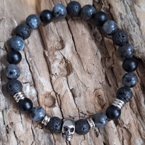 Bracelet homme | Onyx mar, larvikite, pierre de lave | tête de mort | Lithothérapie | Presqu'îles bijoux | 62800 LIEVIN