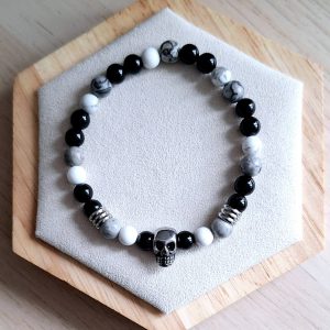 Bracelet femme | jaspe picasso A, onyx et howlite | tête de mort | Lithothérapie | acier inoxydable | Presqu'îles bijoux | 62800 LIEVIN