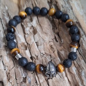 Bracelet homme | œil de tigre, pierre de lave | casque viking | Lithothérapie | Presqu'îles bijoux | 62800 LIEVIN