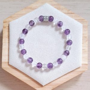 Bracelet femme | améthyste et cristal de roche craqué A | Lithothérapie | acier inoxydable | Presqu'îles bijoux | 62800 LIEVIN