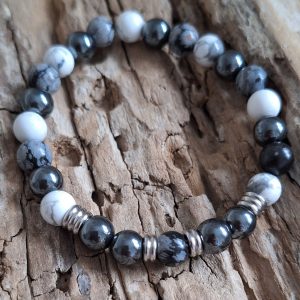 Bracelet homme | Obsidienne neige howlite et hématite | Lithothérapie | acier inoxydable | Presqu'îles bijoux | 62800 LIEVIN