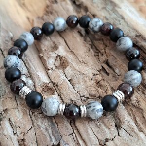 Bracelet homme | Grenat jaspe picasso et Onyx | Lithothérapie | Presqu'îles bijoux | 62800 LIEVIN