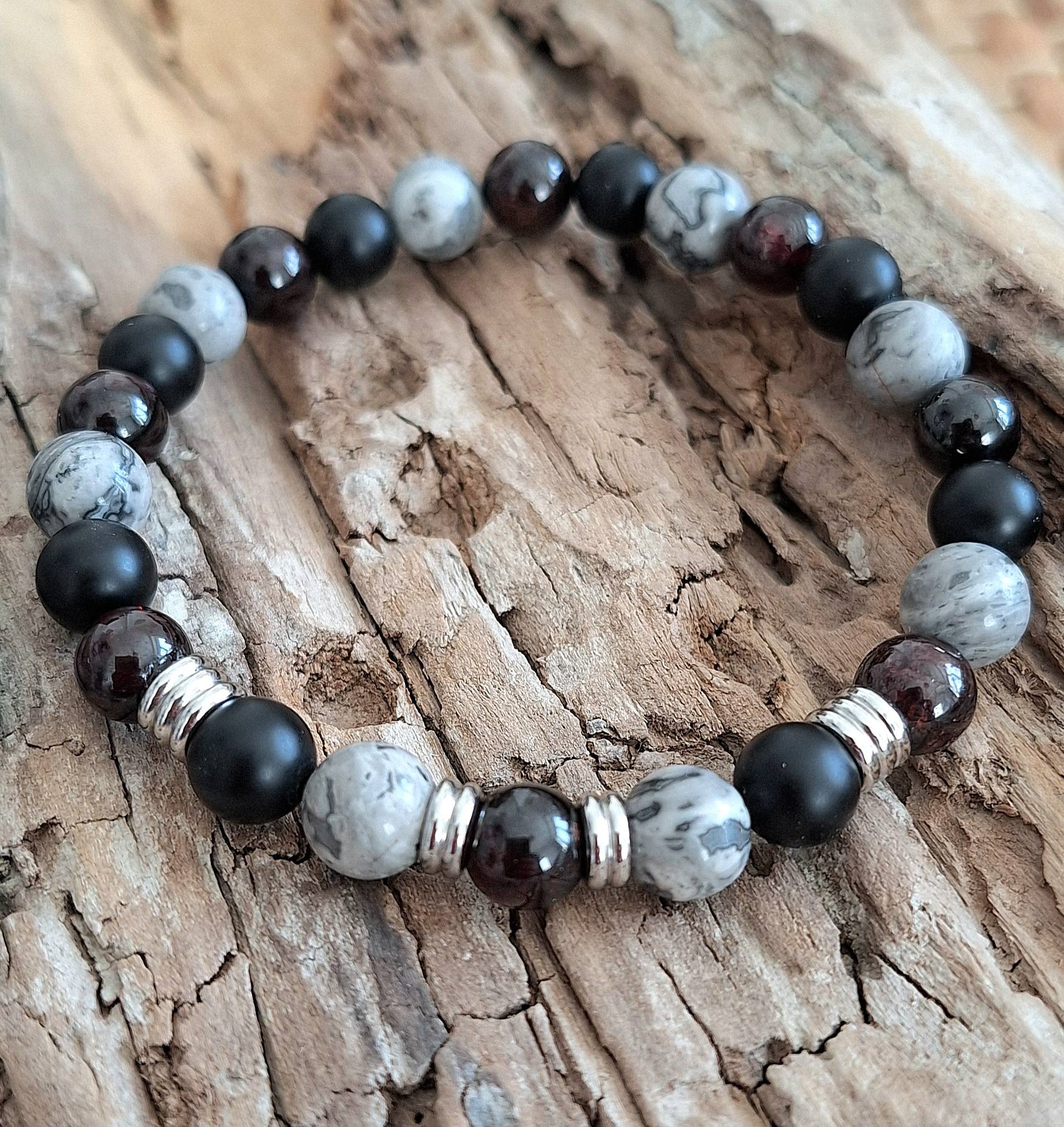 Bracelet homme | Grenat jaspe picasso et Onyx | Lithothérapie | Presqu'îles bijoux | 62800 LIEVIN