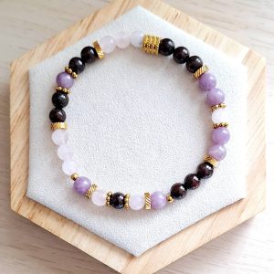 Bracelet femme | Lépidolite A+* Grenat A* et quartz rose facetté | Lithothérapie | acier inoxydable | Presqu'îles bijoux | 62800 LIEVIN
