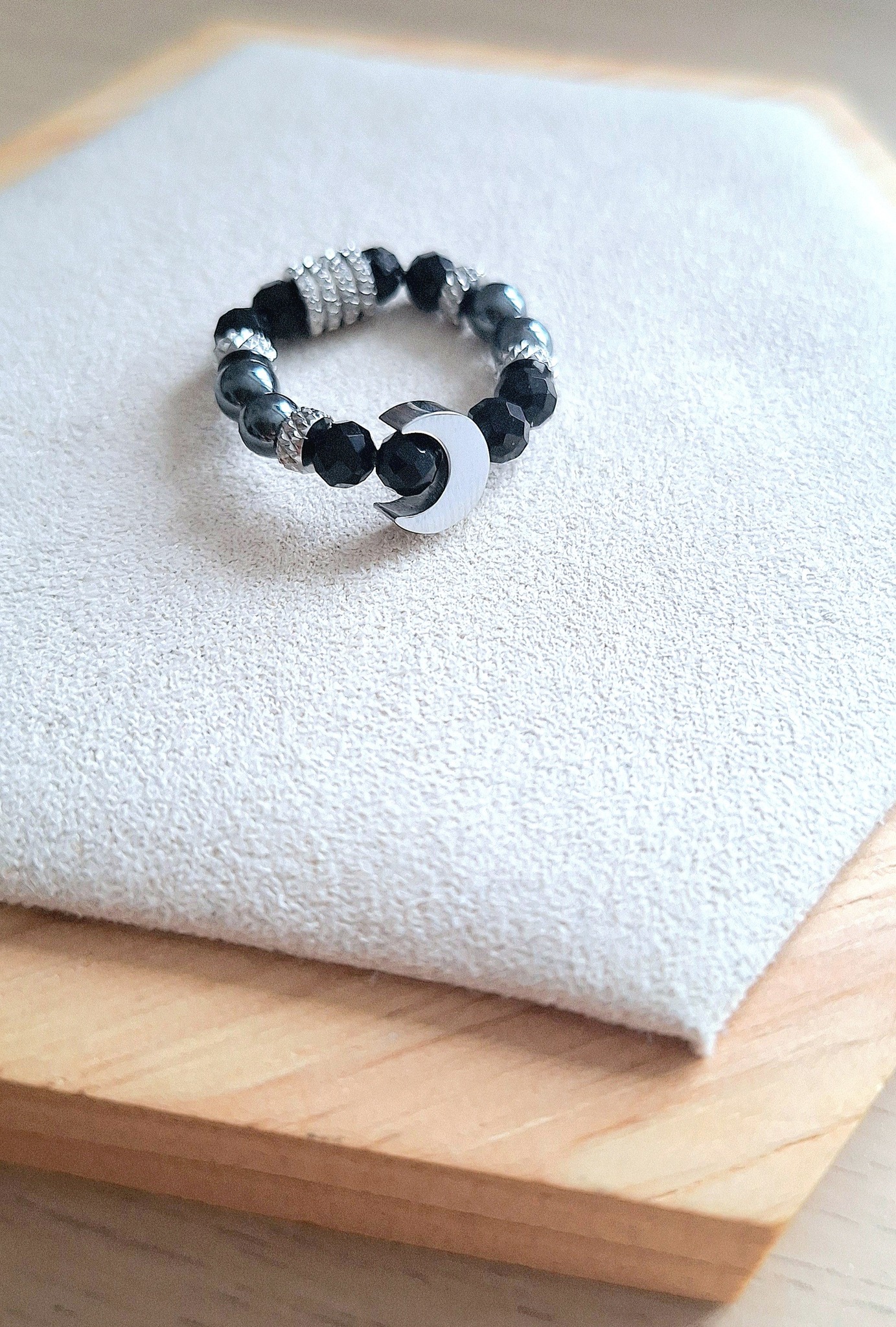 Bague femme | onyx facetté et hématite | Lithothérapie | acier inoxydable | Presqu'îles bijoux | 62800 LIEVIN