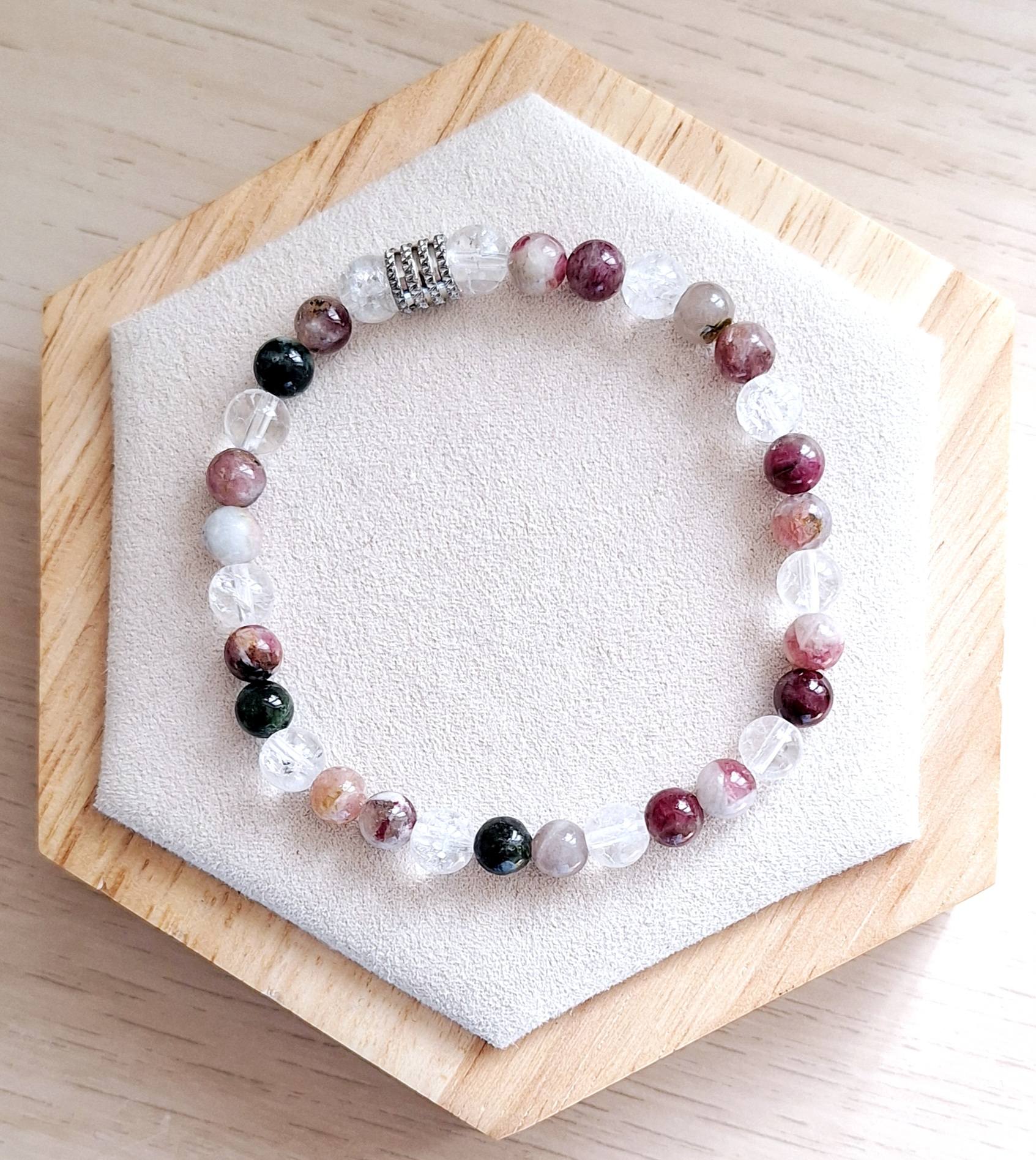 Bracelet femme | cristal de roche craqué A et tourmaline multicolore A | Lithothérapie | acier inoxydable | Presqu'îles bijoux | 62800 LIEVIN