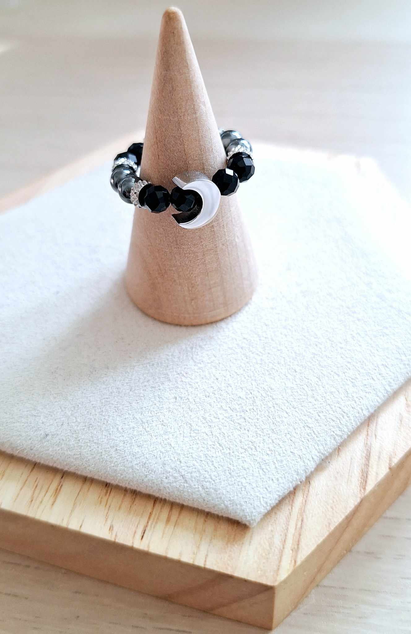 Bague femme | onyx facetté et hématite | Lithothérapie | acier inoxydable | Presqu'îles bijoux | 62800 LIEVIN