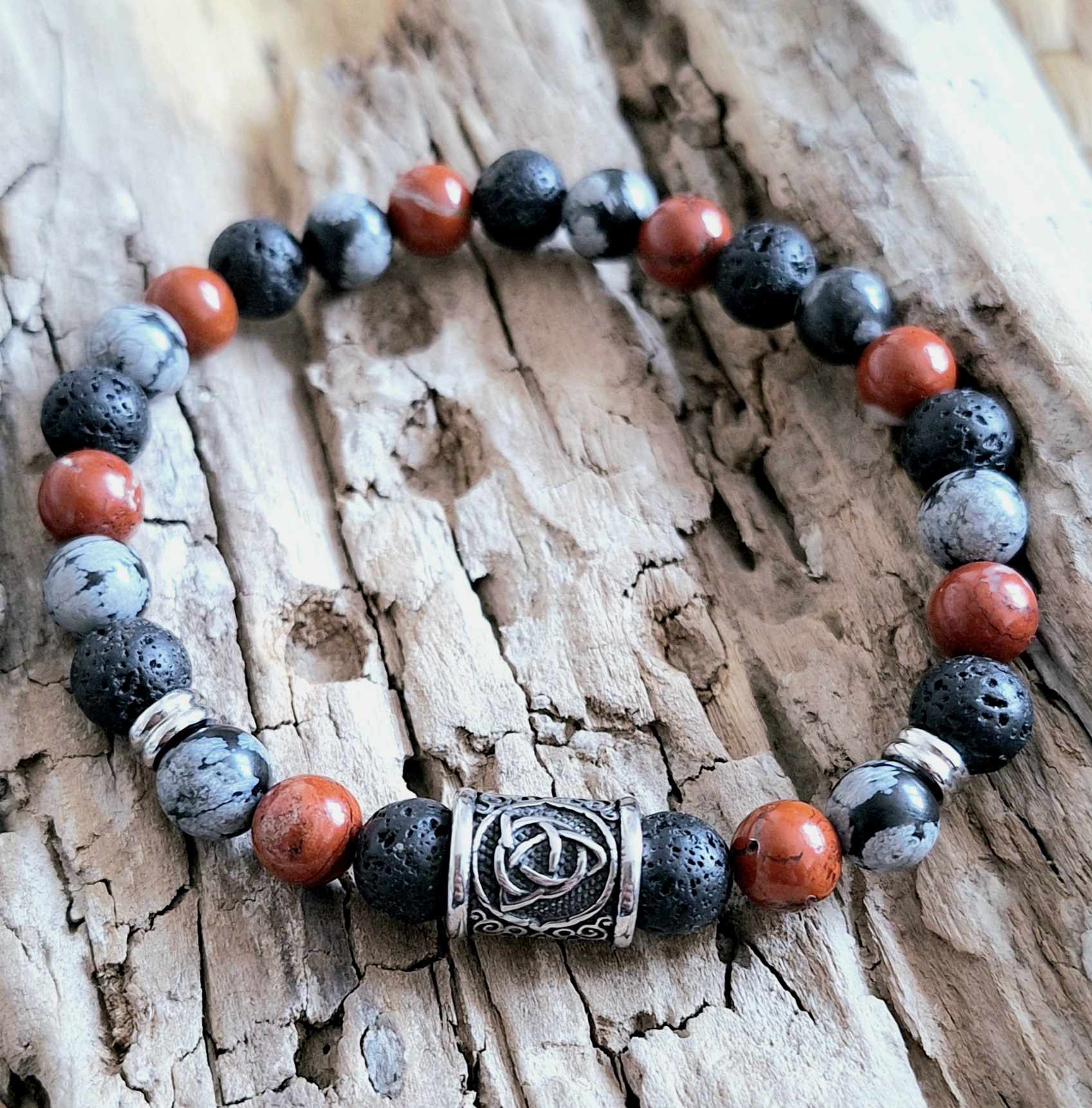 Bracelet homme | jaspe rouge obsidienne neige pierre de lave | Lithothérapie | Presqu'îles bijoux | 62800 LIEVIN