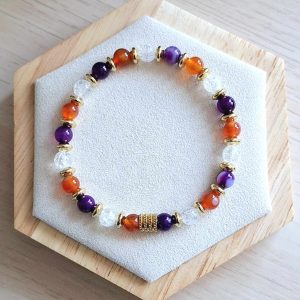 Bracelet femme | cristal de roche craqué A agate violette et cornaline | Lithothérapie | acier inoxydable | Presqu'îles bijoux | 62800 LIEVIN