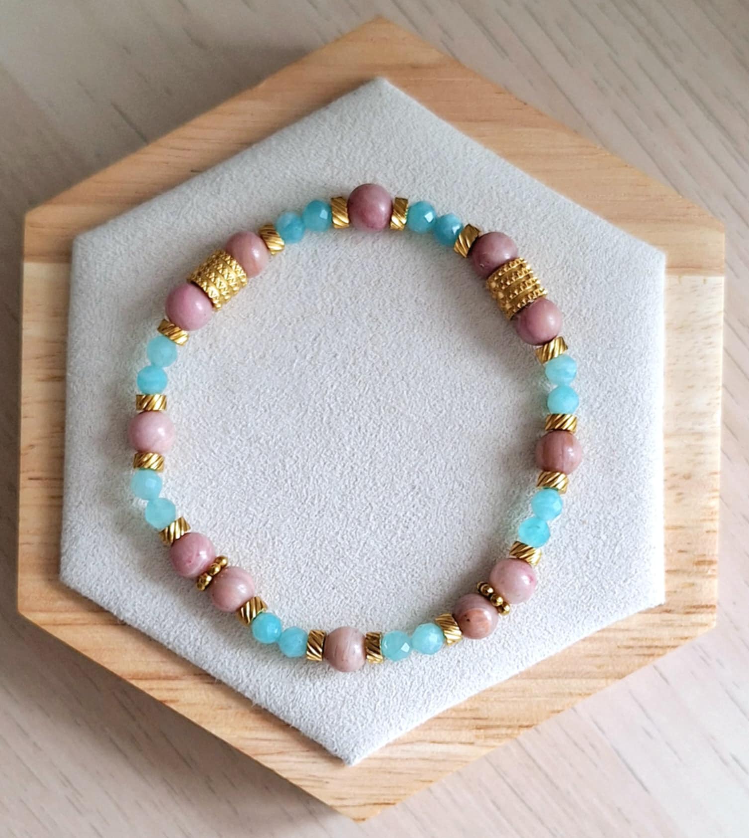 Bracelet femme | rhodonite et amazonite | Lithothérapie | acier inoxydable | Presqu'îles bijoux | 62800 LIEVIN